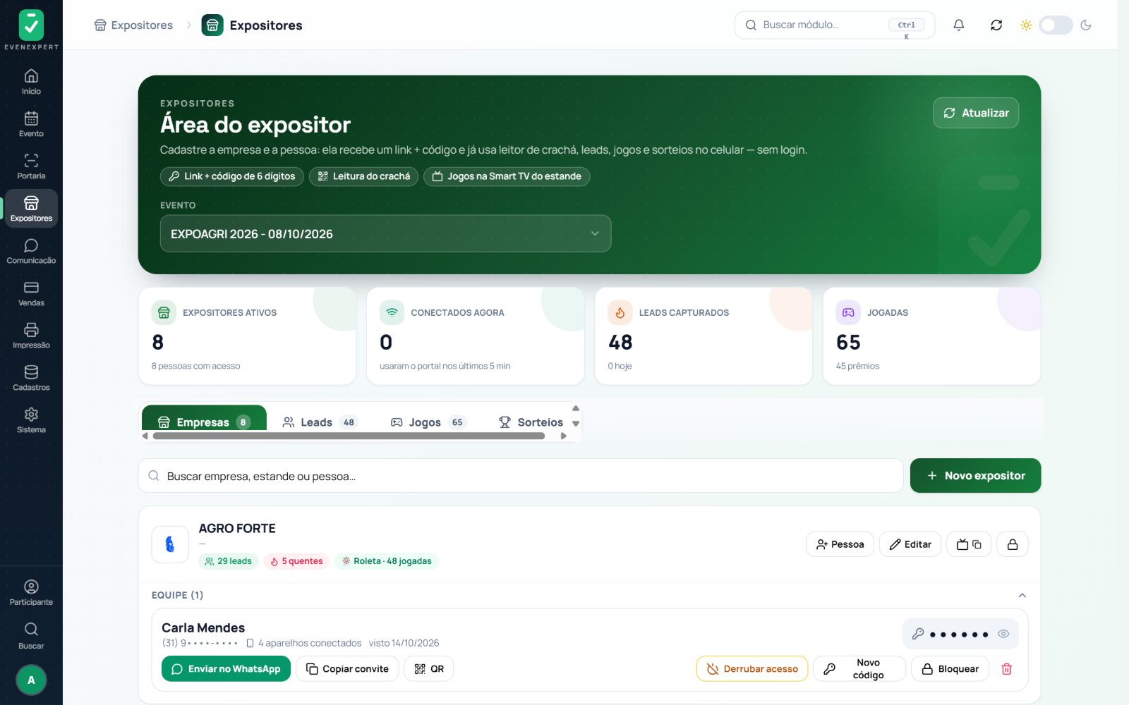 Área do expositor com leads capturados, jogos e prêmios